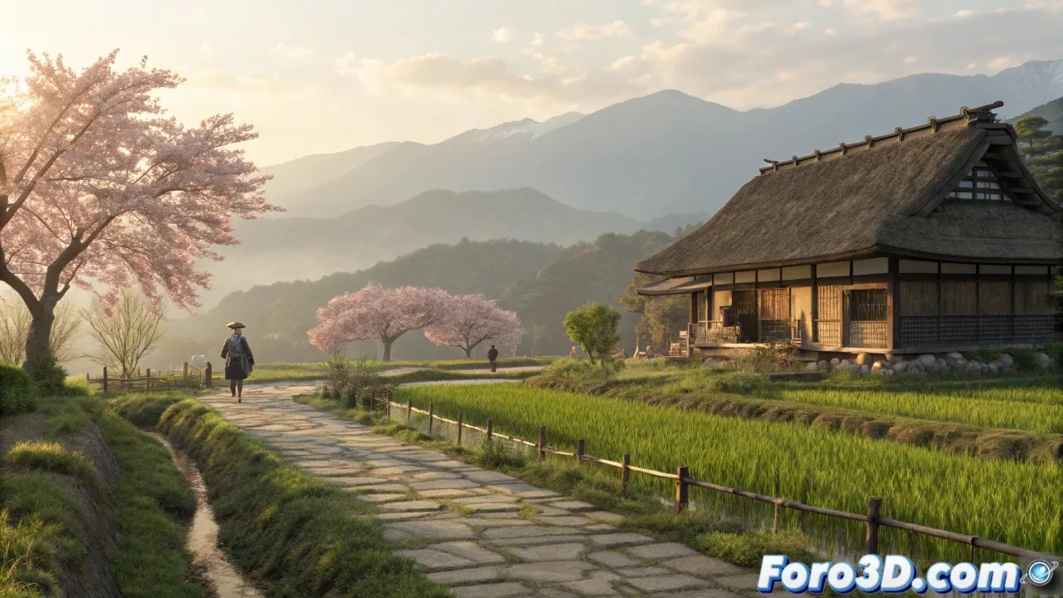 Paisaje rural japonés con campos de arroz, templo tradicional al fondo y cerezos en flor, mostrando el ambiente tranquilo del juego Japanese Rural Life Adventure