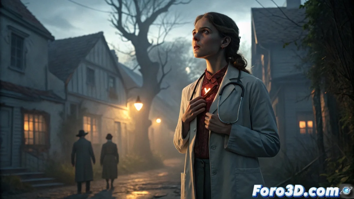 Portada del libro mostrando a una mujer contemplando su pecho mientras sostiene un estetoscopio, con un pueblo misterioso al fondo y sombras que sugieren secretos por descubrir