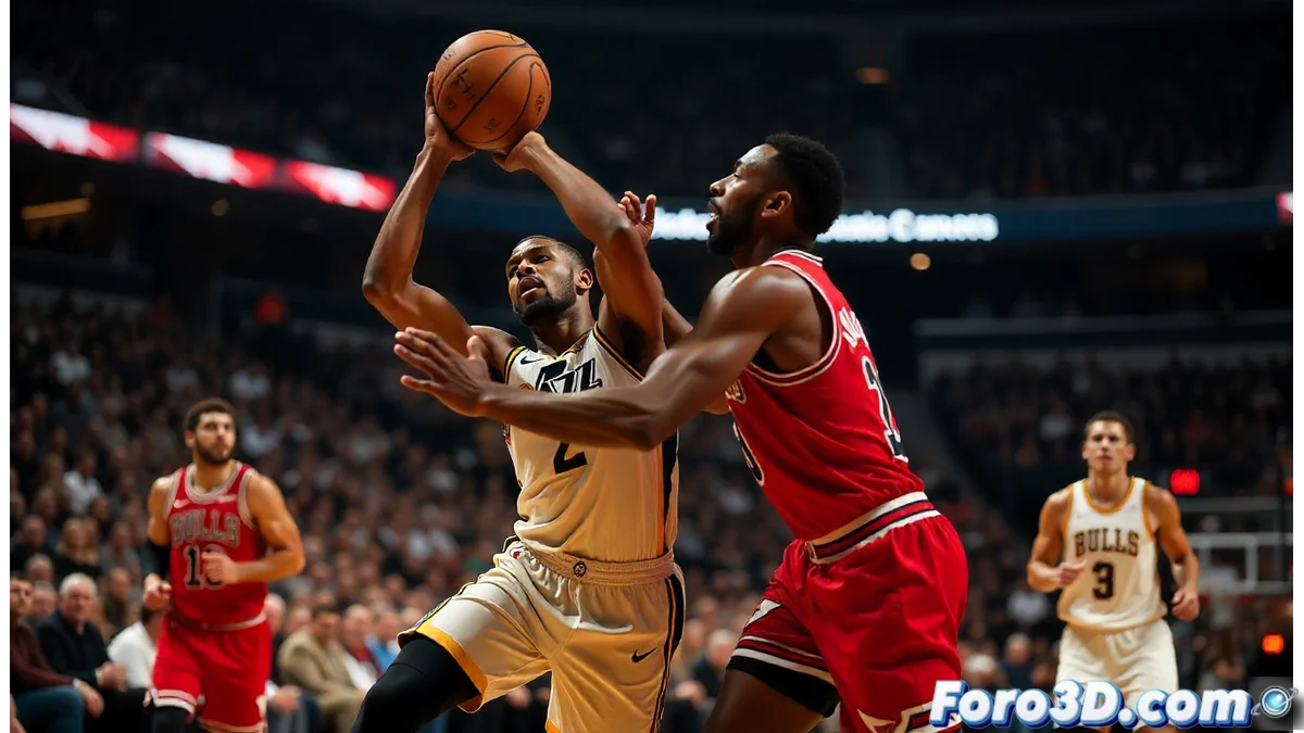 Vista aérea del Delta Center de Salt Lake City durante el partido Utah Jazz vs Chicago Bulls, con la cancha iluminada y jugadores en acción ofensiva