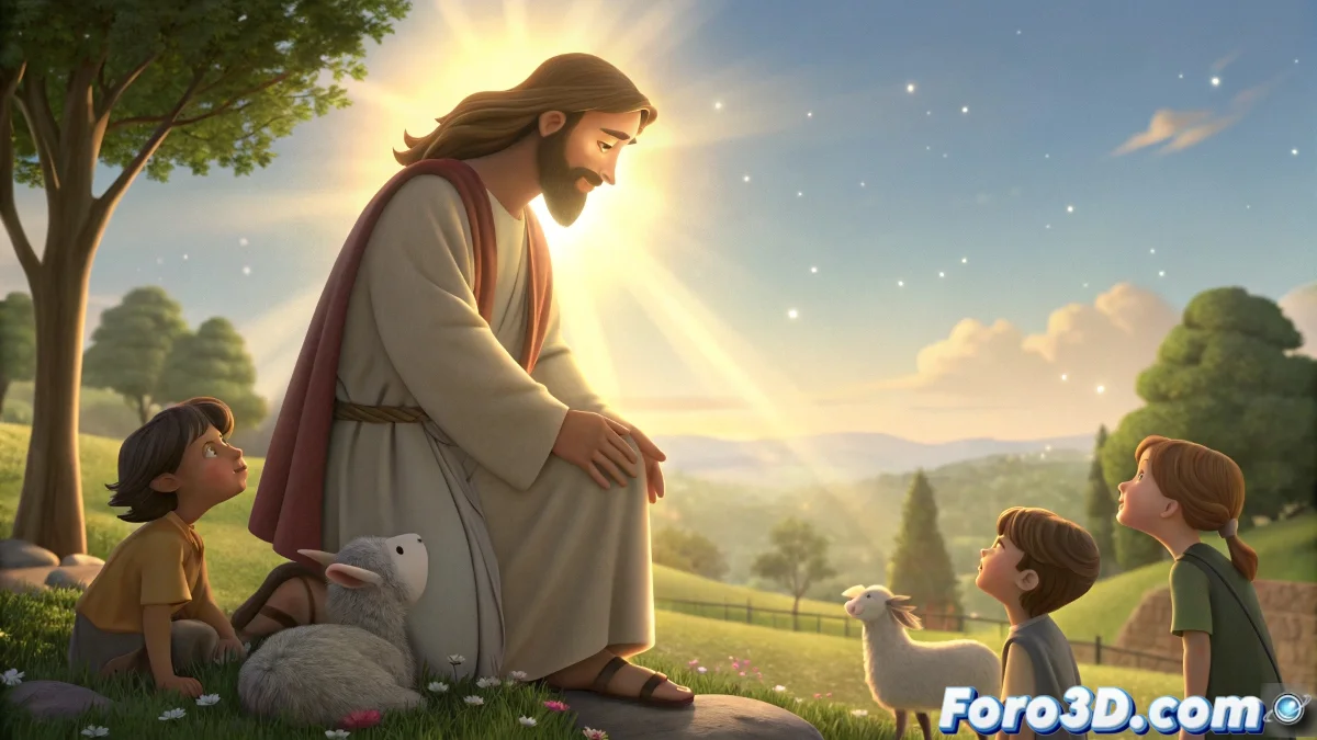 Jesús Luz Del Mundo - Fotograma de la película mostrando a Jesucristo en escena bíblica con iluminación dramática y entorno histórico, con discípulos y seguidores en fondo paisajístico.