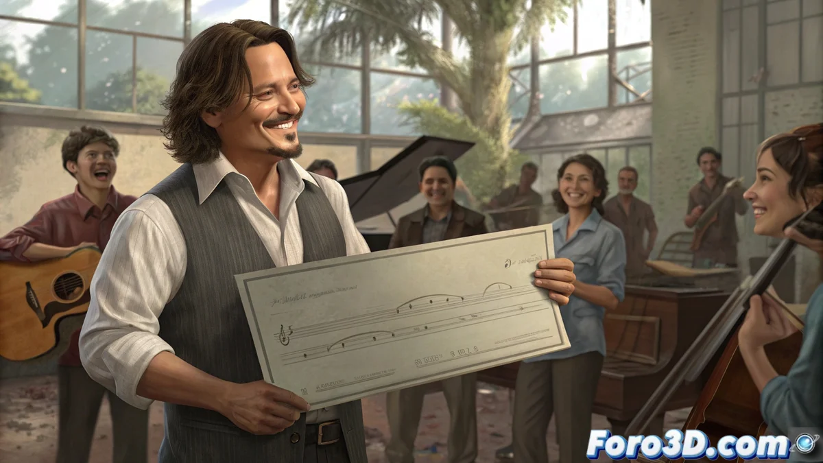 Johnny Depp sosteniendo un instrumento musical junto a estudiantes y profesores del Centre Instructiu Musical de Massanassa durante la entrega simbólica del cheque de donación
