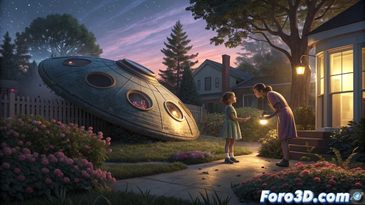 Ilustración digital que muestra a Kade, un hombre de mediana edad con expresión de sorpresa, observando a Zaida, una alienígena de piel azulada y ojos grandes, mientras examina curiosamente una tostadora en medio de un jardín con un cráter en forma de platillo volante entre los rosales destruidos.