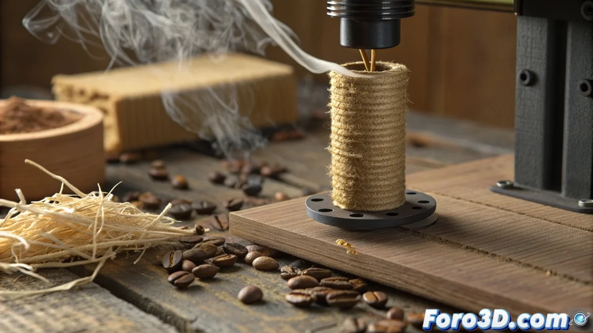 Imagen mostrando rollos de filamento 3D de Kexcelled en colores naturales junto a objetos impresos como difusores y posavasos, con granos de café y hojas de té esparcidos alrededor