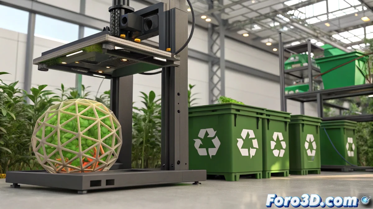 Exposición de filamentos Eco-Aesthetic de Kexcilled en stand de Formnext, mostrando colores vibrantes y muestras de piezas impresas con acabados superficiales detallados.