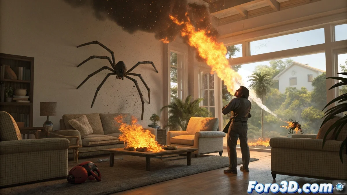 Portada del videojuego Kill It With Fire 2 mostrando a un personaje sosteniendo un lanzallamas frente a arañas gigantes en un entorno doméstico destruido