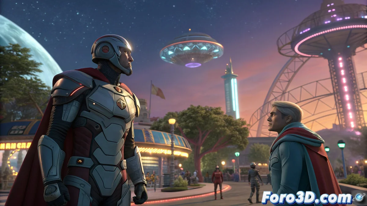 Personajes de Knights of Guinevere en estilo de animacion 2D con fondos detallados de parque planetario futurista y efectos de glow digital