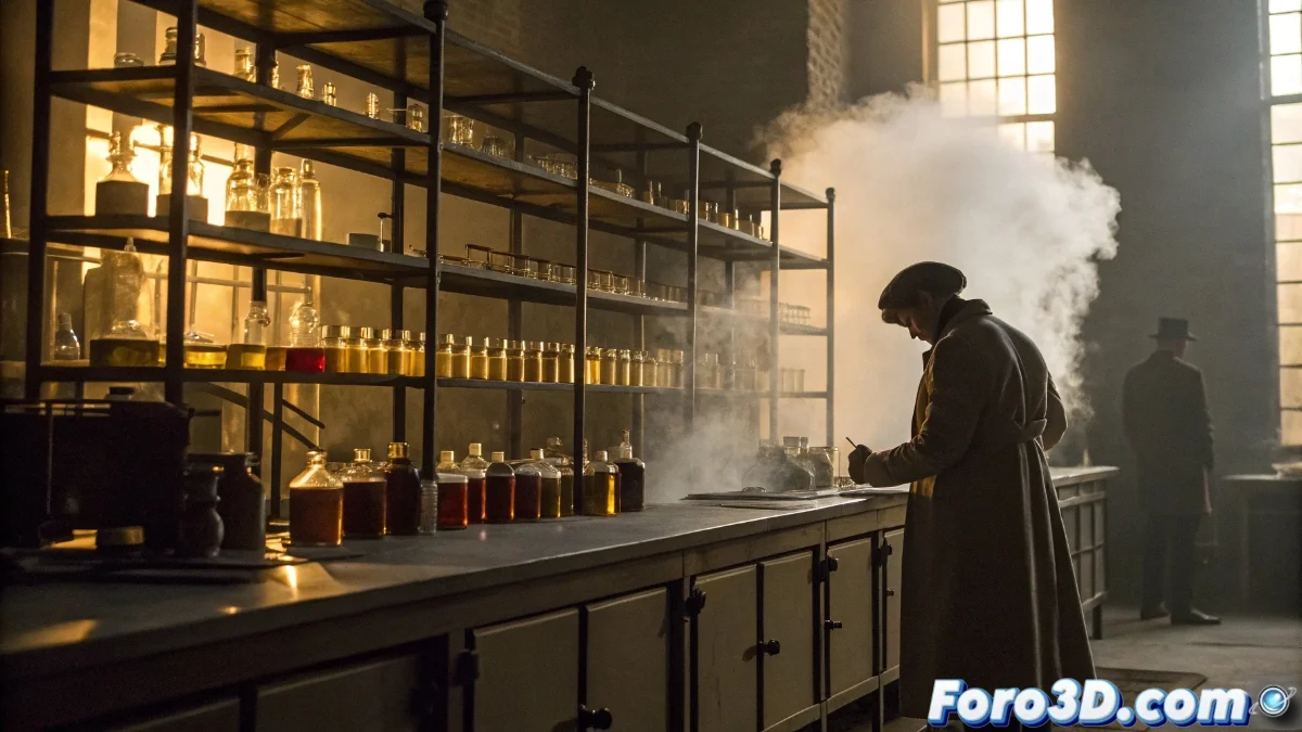 Fotografía histórica en blanco y negro mostrando trabajadores de Kodak en laboratorios adaptados para producción militar, con emulsiones químicas y materiales explosivos en un entorno industrial de los años 1940.