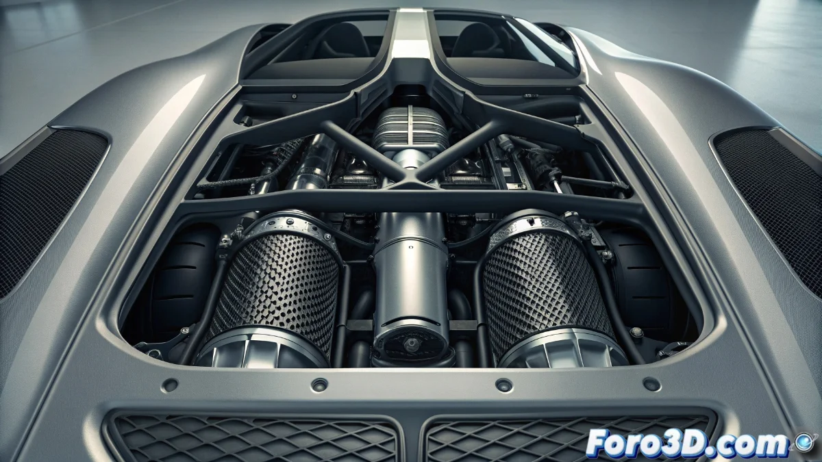 Koenigsegg Regera con componentes impresos en 3D destacados, incluyendo carcasas de turbocompresor y sistema de escape en titanio, mostrando detalles internos complejos.