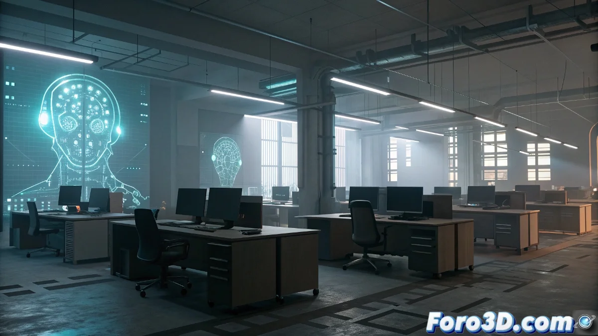 Oficinas corporativas de Krafton con gráficos financieros superpuestos mostrando cifras récord junto a empleados descontentos