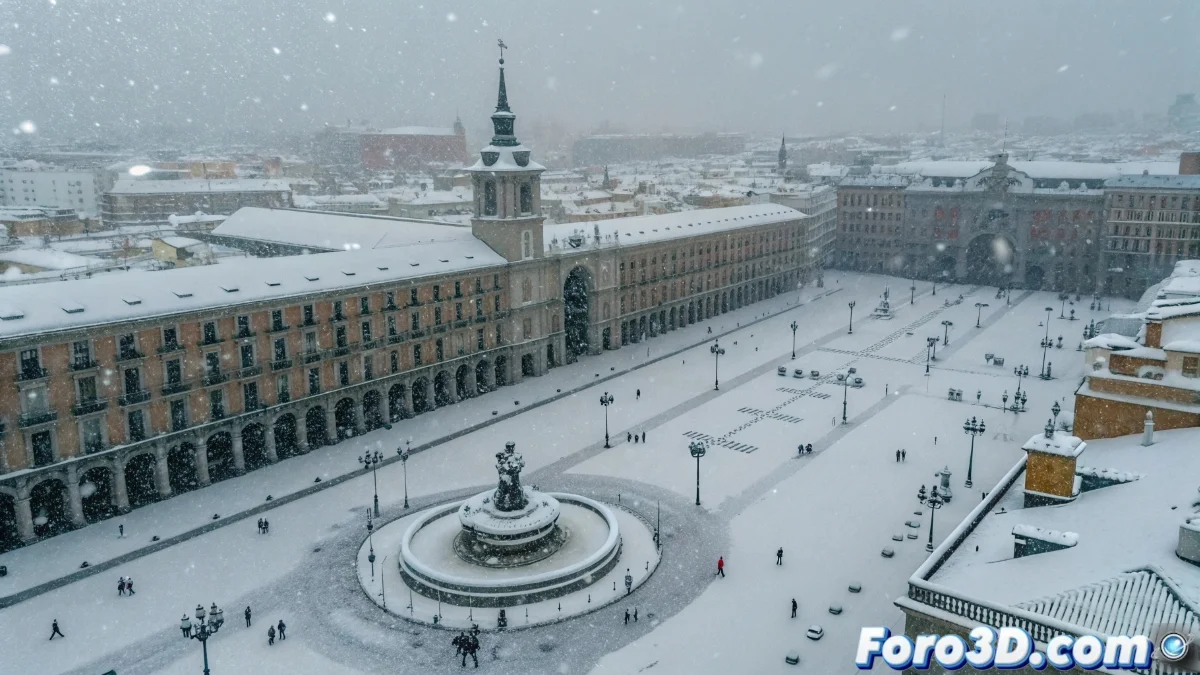 Mapa meteorológico de la comunidad de Madrid mostrando frentes fríos y zonas de alerta por bajas temperaturas con iconos de nieve y hielo