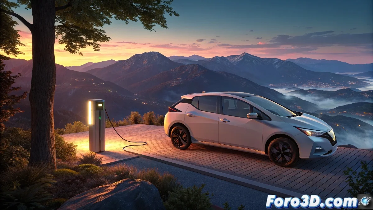 Nissan Leaf 2026 en carretera panorámica mostrando su diseño aerodinámico y sistema de carga eléctrica con gráficos superpuestos de capacidad de batería y autonomía extendida