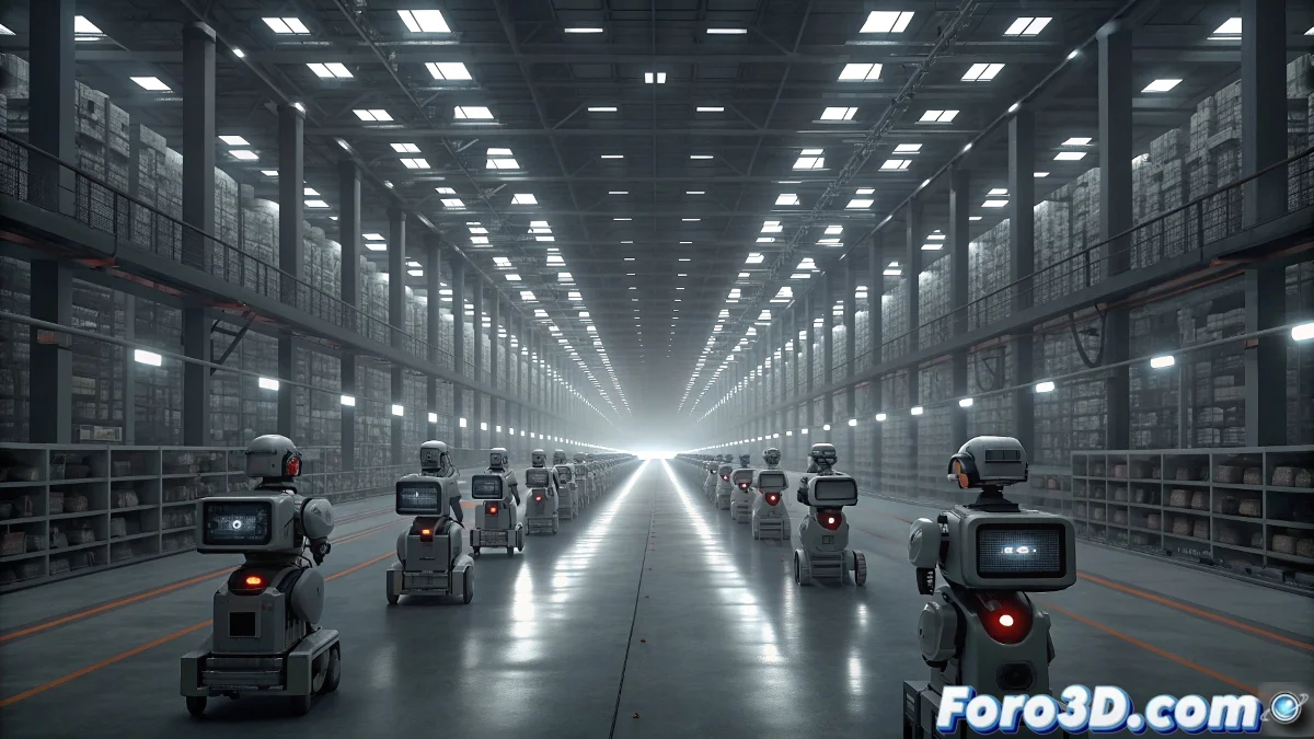 Almacén de Amazon con robots autónomos desplazándose entre estanterías bajo iluminación artificial, con pantallas mostrando mensajes misteriosos en el fondo