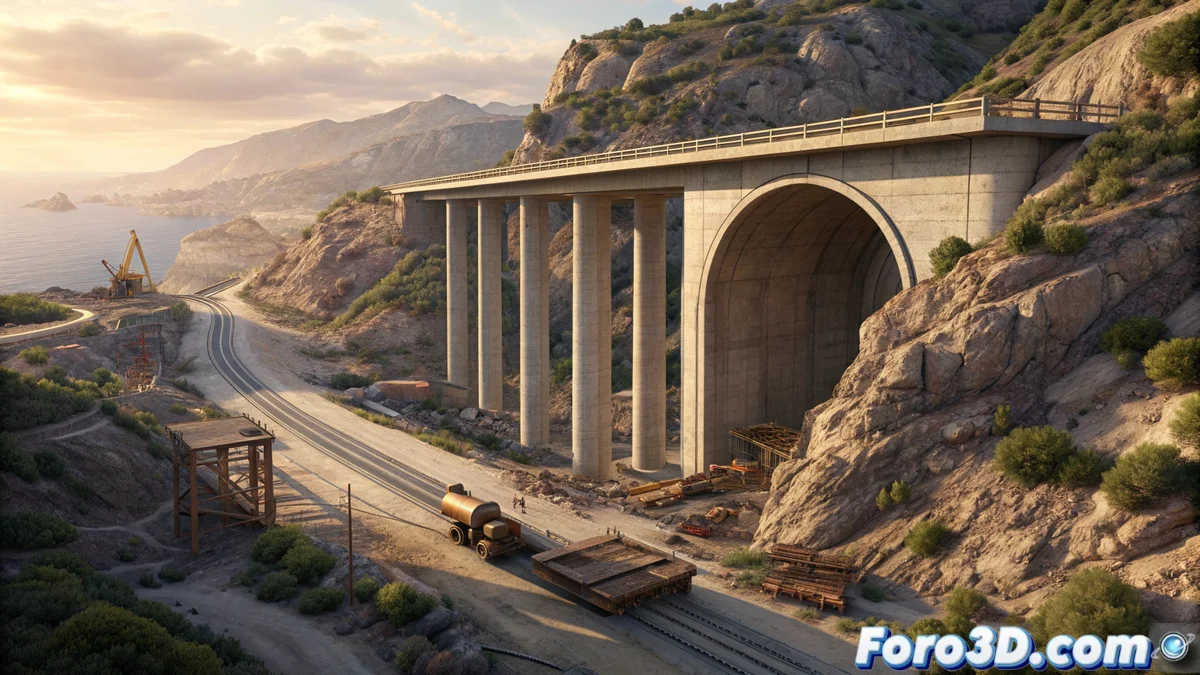 Vista aérea de viaducto de autopista AP-7 abandonado a medio construir con vegetación creciendo entre estructuras de hormigón