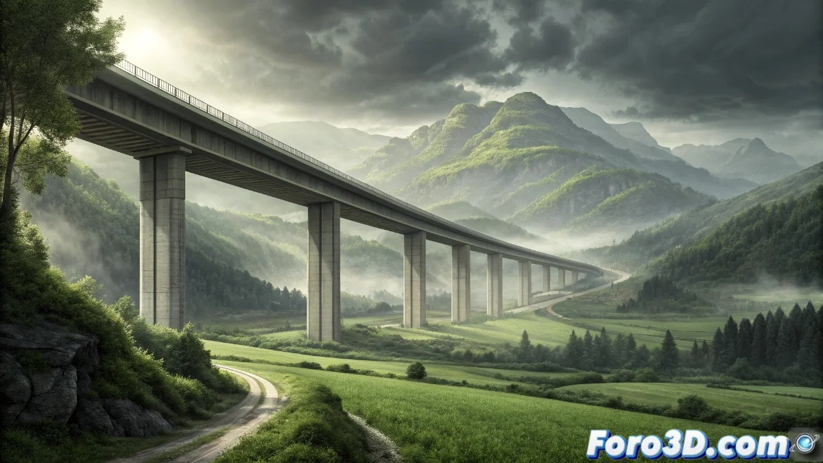 Vista aérea del viaducto inconcluso de la AS-III terminando abruptamente en medio del paisaje asturiano