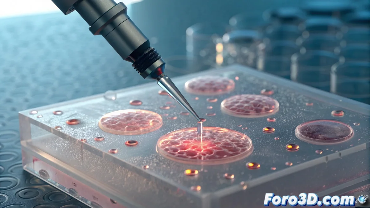 Bioprinter endoscópico canadiense depositando células sobre tejido vocal humano durante procedimiento médico regenerativo