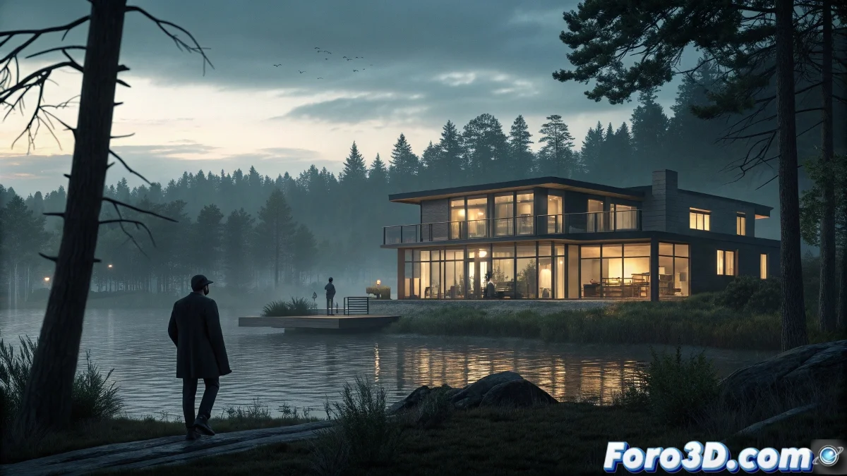 Portada de The Nice House on the Lake mostrando la mansion moderna frente al lago, con el grupo de personajes visibles a través de ventanas amplias y el inquietante Walter observando desde la distancia.