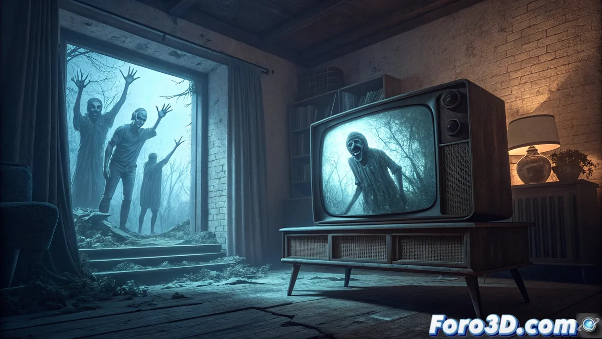 Pantalla de televisión mostrando datos de audiencia con sombras fantasmales de espectadores reflejadas en la oscuridad, gráficos de medición flotando alrededor como apariciones espectrales