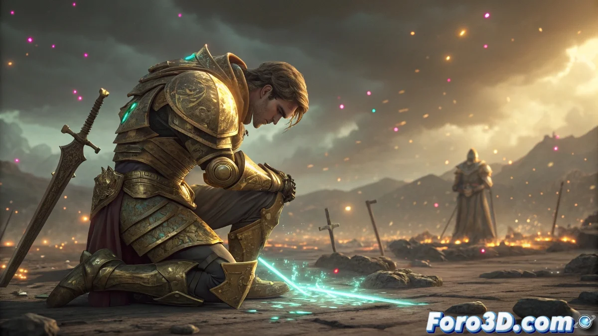 Hardcore Leveling Warrior con armadura dorada rota en un campo de batalla devastado, mirando hacia el horizonte con determinación mientras criaturas de bajo nivel merodean a su alrededor.