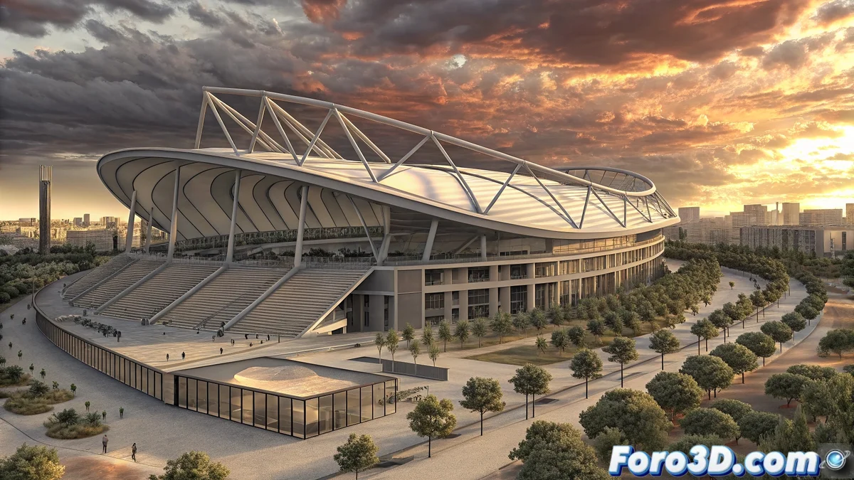 Vista panorámica de La Caja Mágica con sus cubiertas móviles destacadas al atardecer, mostrando la arquitectura moderna y las áreas circundantes