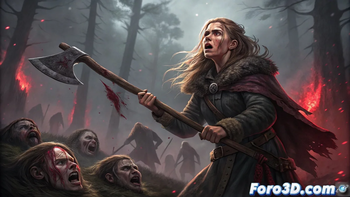 June Branch sosteniendo el hacha vikinga sobrenatural frente a criminales con cabezas decapitadas parlantes en una cesta sangrienta, arte de horror