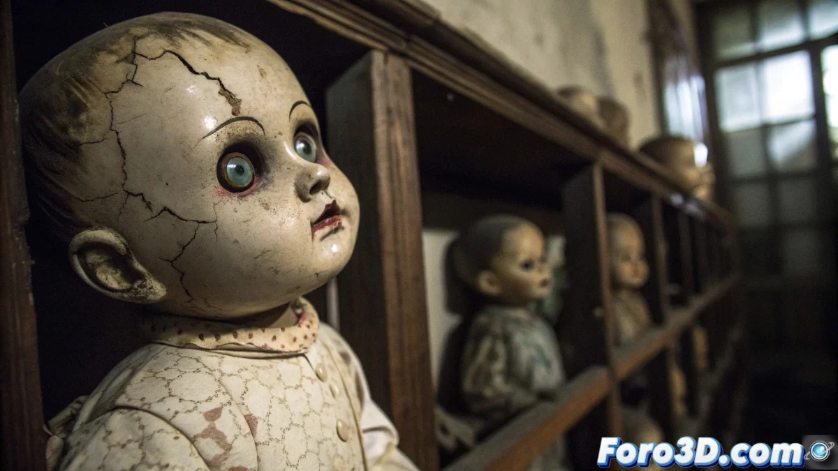 Colección de muñecas antiguas de porcelana en una habitación oscura con iluminación tenue, algunas con grietas en el rostro y ojos que parecen seguir al espectador.