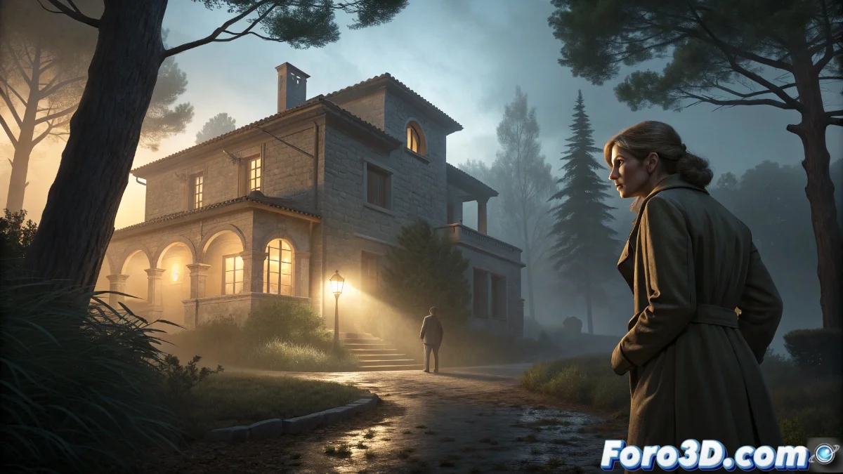 Leyre Aranguren observando documentos antiguos en una masía catalana al atardecer, con un ex-hacker predicador de fondo analizando un ordenador