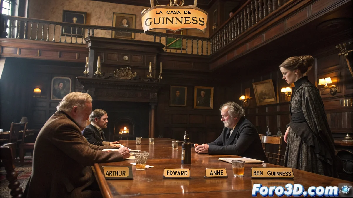 Los cuatro hermanos Guinness reunidos en la sala de juntas de la cervecera, con barriles y documentos legales sobre la mesa, en un ambiente del siglo XIX.