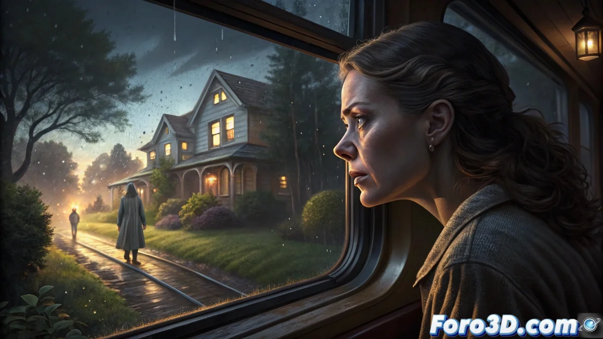 Mujer mirando por la ventana de un tren en movimiento al atardecer, con expresión reflexiva y preocupada mientras observa casas suburbanas
