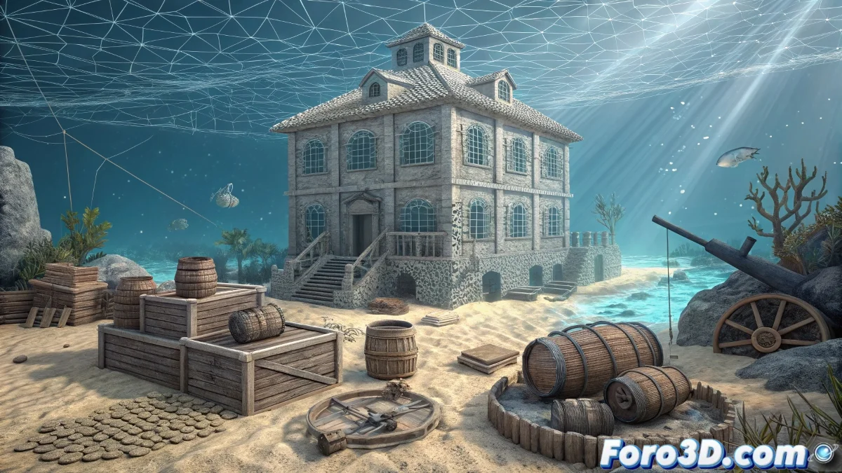 Composicion digital en Nuke mostrando las ruinas submarinas de Port Royal, con edificios coloniales hundidos y rayos de luz filtrandose en el agua azul verdosa.