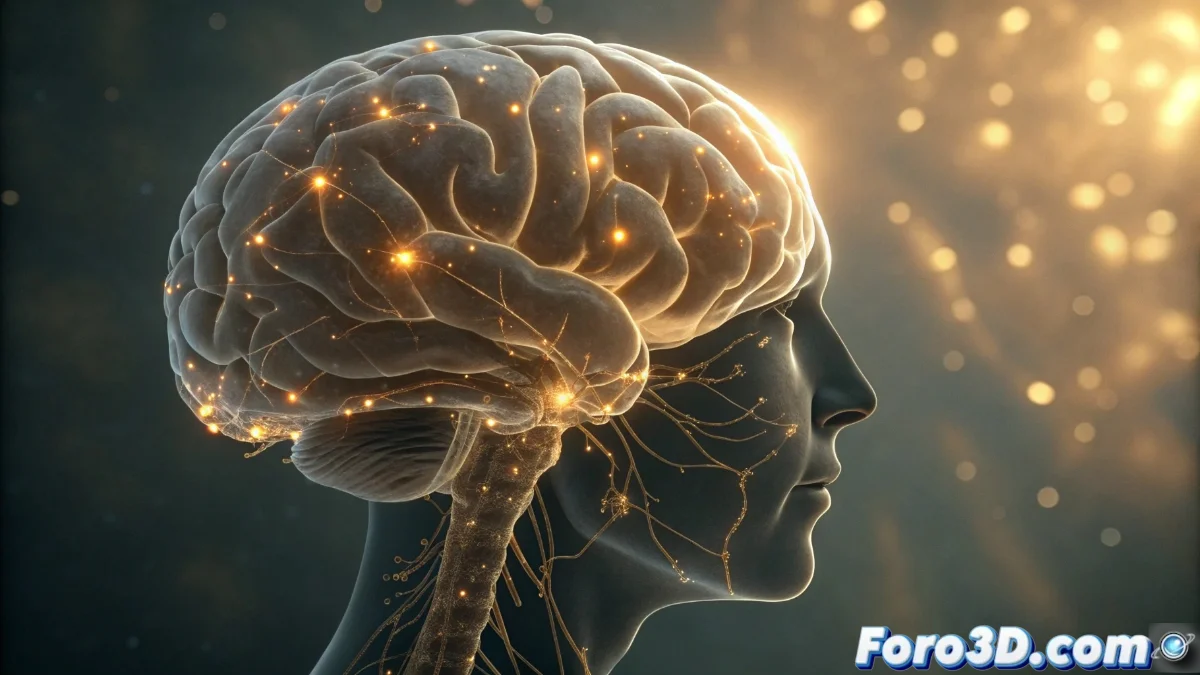 Ilustración científica del cerebro humano mostrando activación en áreas de neuronas espejo y sistema límbico durante procesos compasivos, con conexiones neuronales resaltadas en colores cálidos.