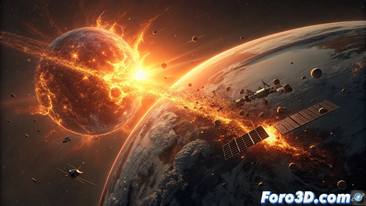 Representación artística de eyecciones de masa coronal del Sol impactando satélites en órbita terrestre baja, con partículas cargadas interactuando con la atmósfera