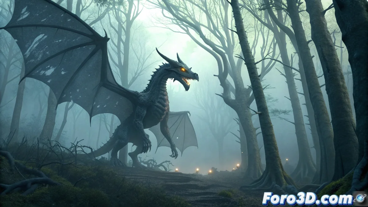 Ilustración de la Cuelebre, serpiente mitológica con escamas iridiscentes, enroscada alrededor de árboles centenarios en un bosque gallego cubierto de niebla nocturna