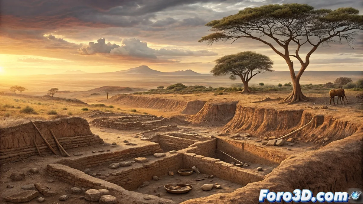 Excavación arqueológica en la cuenca Omo-Turkana mostrando investigadores trabajando en estratos sedimentarios con herramientas de piedra antiguas y fósiles homínidos bajo el intenso sol africano