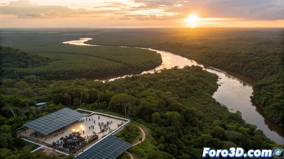 Líderes mundiales en una mesa de negociaciones climáticas con banderas internacionales y pantallas mostrando datos de la Amazonía brasileña.
