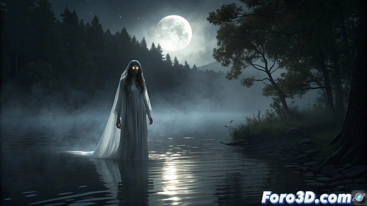 Figura espectral femenina emergiendo de las aguas del Lago de Sanabria al atardecer, con vestiduras blancas flotantes y cabellos oscuros, rodeada de niebla y reflejos lunares sobre la superficie lacustre.