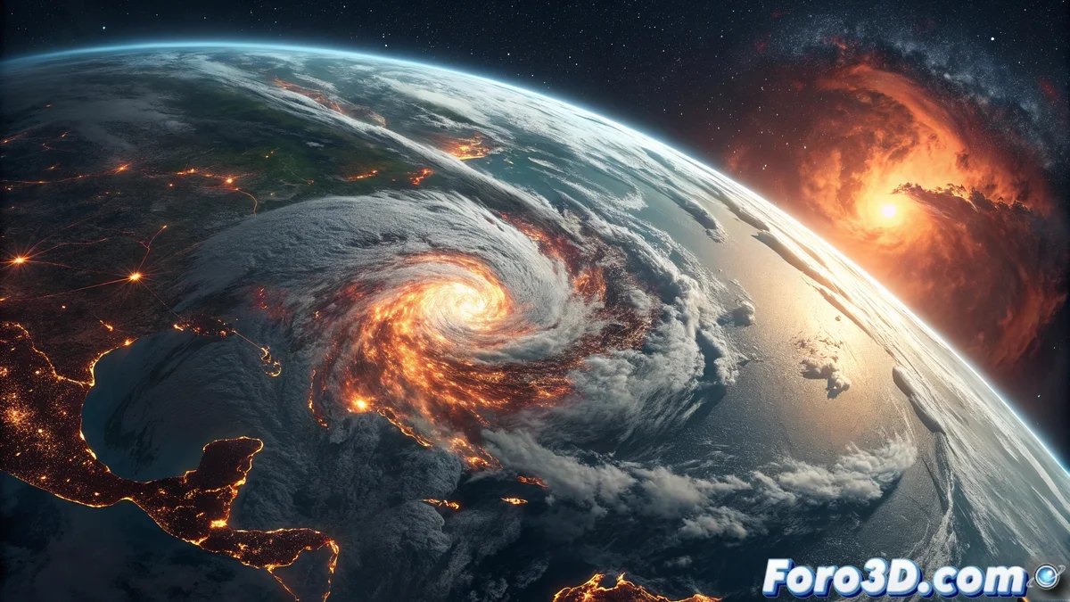 Representación artística de un centro de datos terrestre masivo rodeado de humo y contaminación, con gráficos que muestran el aumento de temperatura global y fenómenos meteorológicos extremos en el fondo.