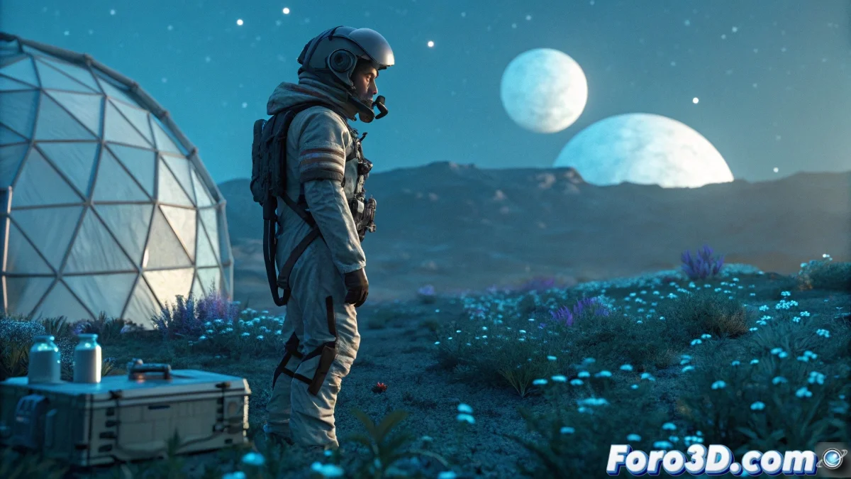 Wilson contemplando el paisaje alienígena desde su refugio improvisado, con criaturas de seis patas pastando en el horizonte y sus suministros médicos visibles en primer plano