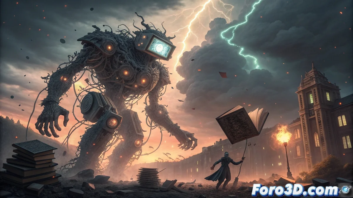 Representación abstracta de una enciclopedia digital con tentáculos de datos envolviendo cerebros humanos en la penumbra, mostrando la influencia siniestra de Grokipedia sobre las mentes de los usuarios.