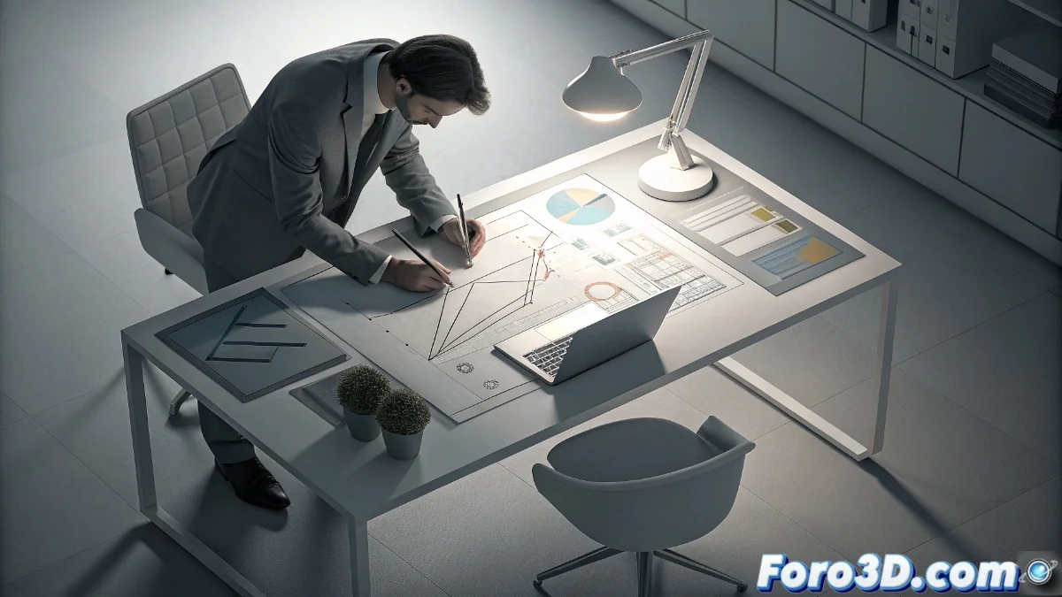 Amancio Ortega revisando informes de datos en la sede de Inditex, con pantallas que muestran métricas de ventas y cadena de suministro