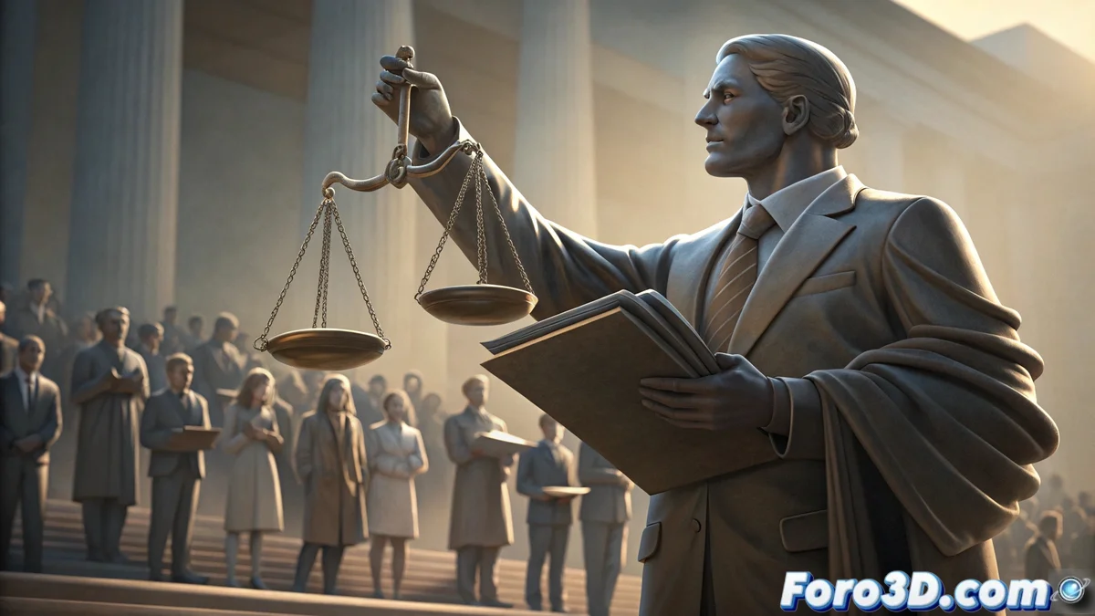 Ilustración conceptual que muestra una balanza de justicia sobre un edificio gubernamental, con figuras humanas colaborando en la base y rayos de luz atravesando la estructura simbolizando transparencia