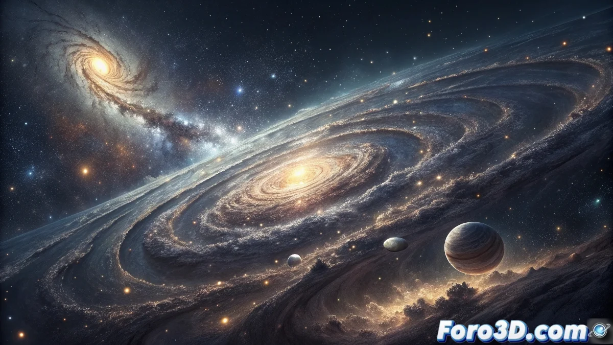 Representación artística de galaxias alejándose aceleradamente en el universo en expansión, con fuerzas de energía oscura invisibles empujándolas aparte