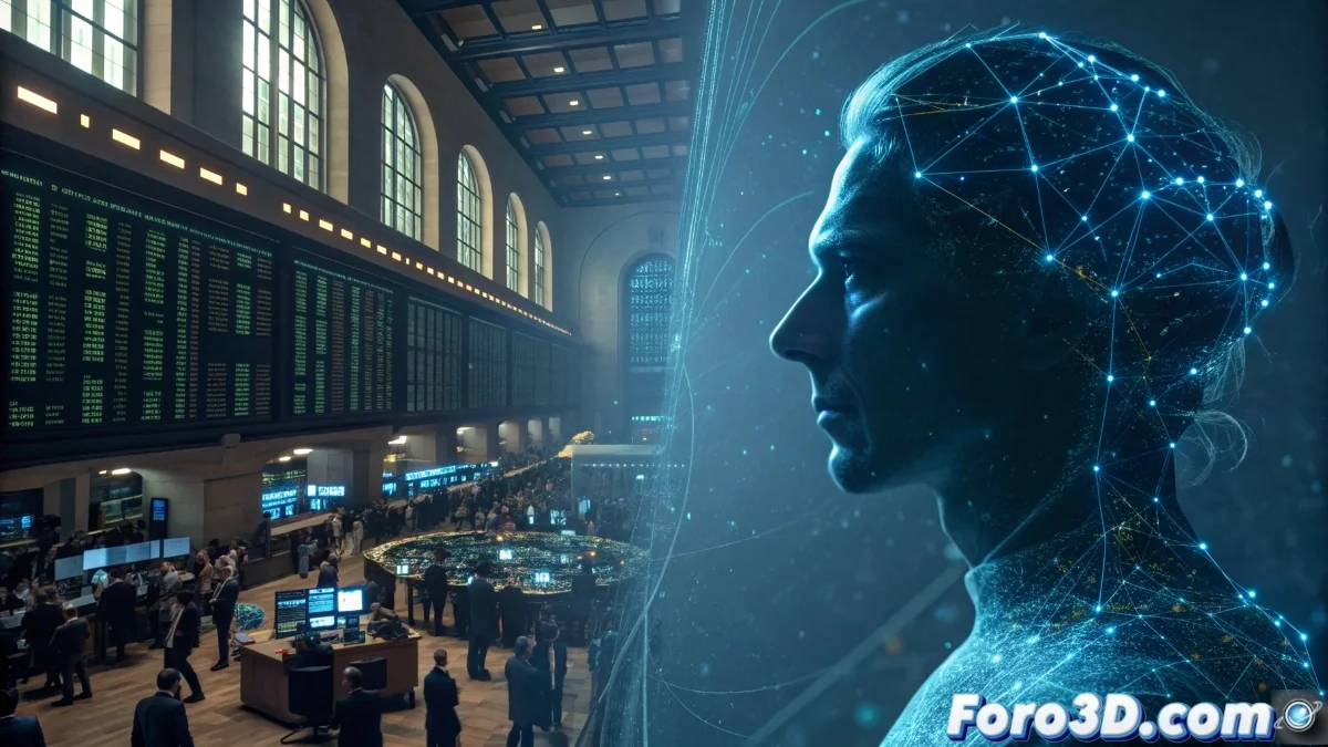 Gráfico de velas japonesas mostrando alta volatilidad en índices bursátiles con iconos de inteligencia artificial superpuestos