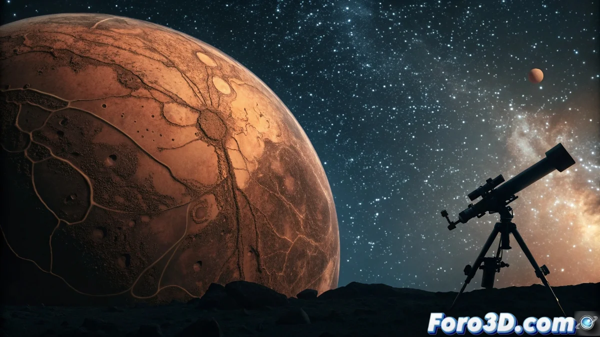 Ilustración artística de Marte con supuestos canales y telescopios históricos observando el planeta rojo