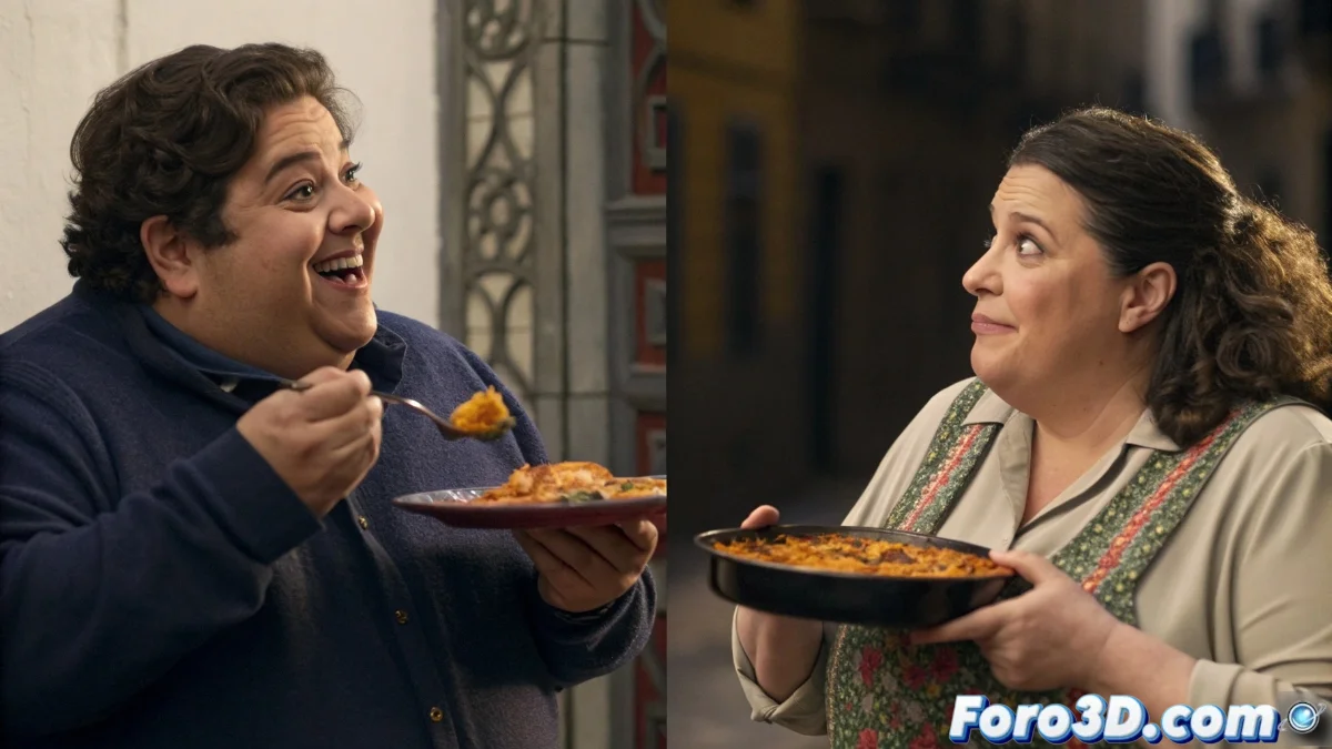 Collage con personajes con diversidad corporal en escenas de series y películas españolas, mostrando contrastes entre representaciones estereotípicas y potenciales caracterizaciones más complejas