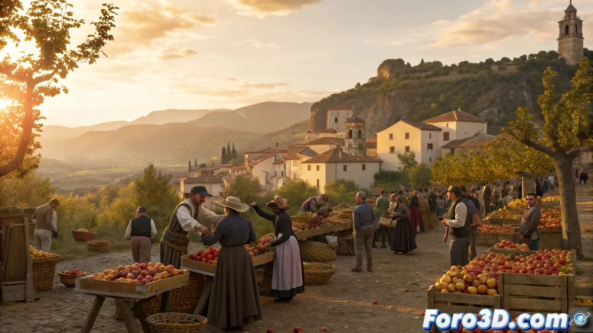 Mercado tradicional con puestos de manzanas esperiegas y productos derivados en una plaza de pueblo valenciano, con agricultores locales mostrando sus cosechas y visitantes degustando las especialidades.