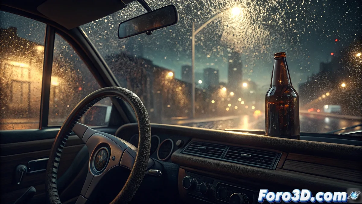 Conductor con las manos al volante y señal de prohibido el alcohol en el fondo, representando la peligrosidad de mezclar alcohol y conducción