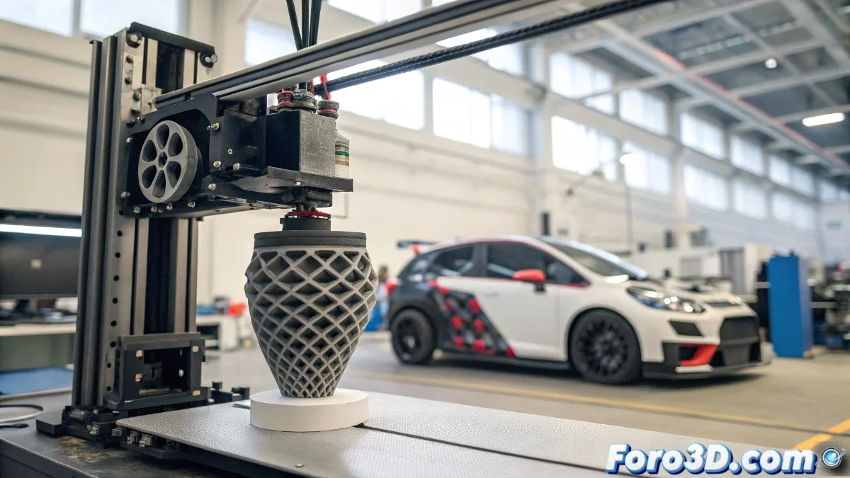 Vehículo de rally con componentes impresos en 3D siendo inspeccionado por ingenieros durante una parada en boxes, mostrando detalles de tomas de aire y conductos personalizados