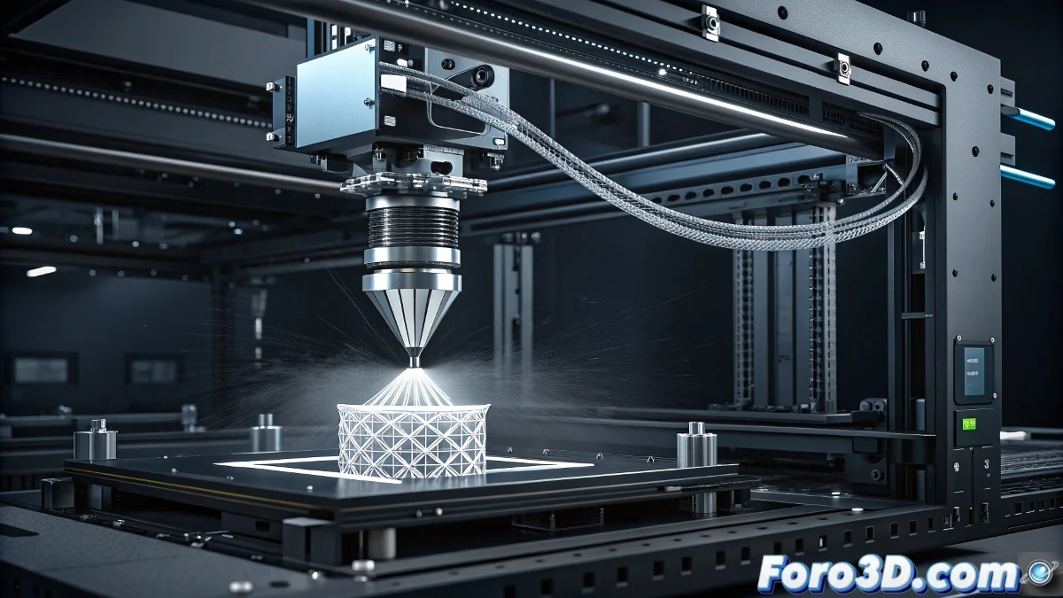 Cabezal de impresión 3D con boquillas multiplexadas extrudiendo dos materiales diferentes simultáneamente sobre plataforma de fabricación.