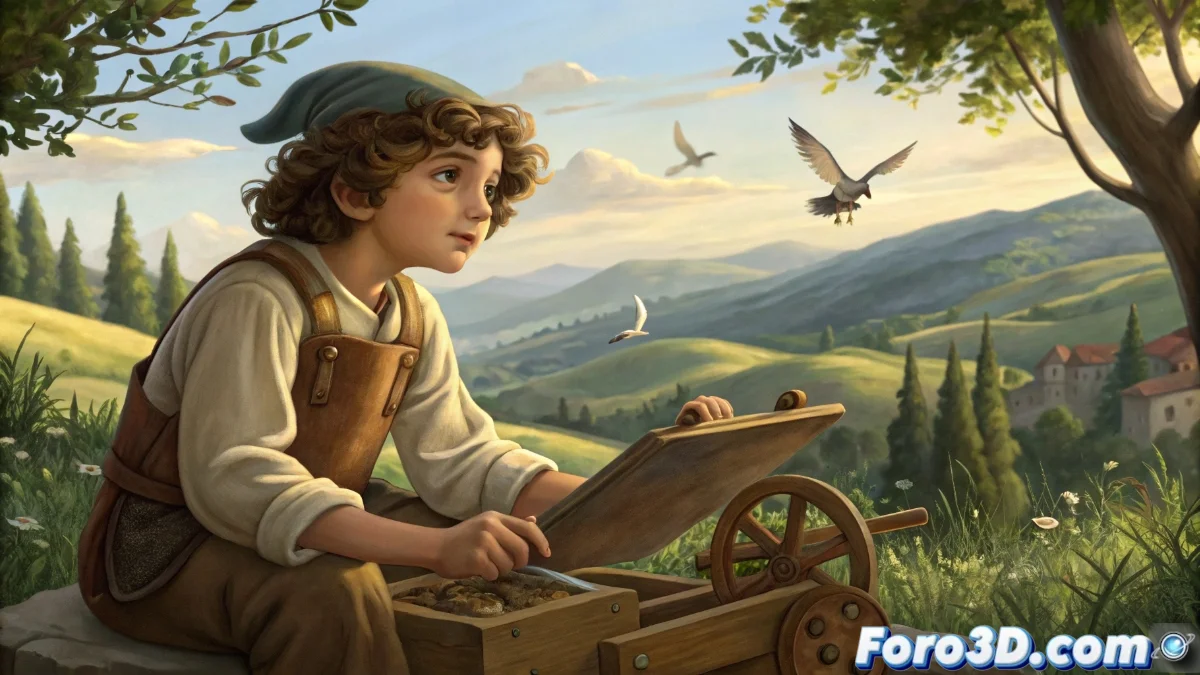 Joven Leonardo da Vinci dibujando en la campiña toscana rodeado de naturaleza y herramientas de artesanos