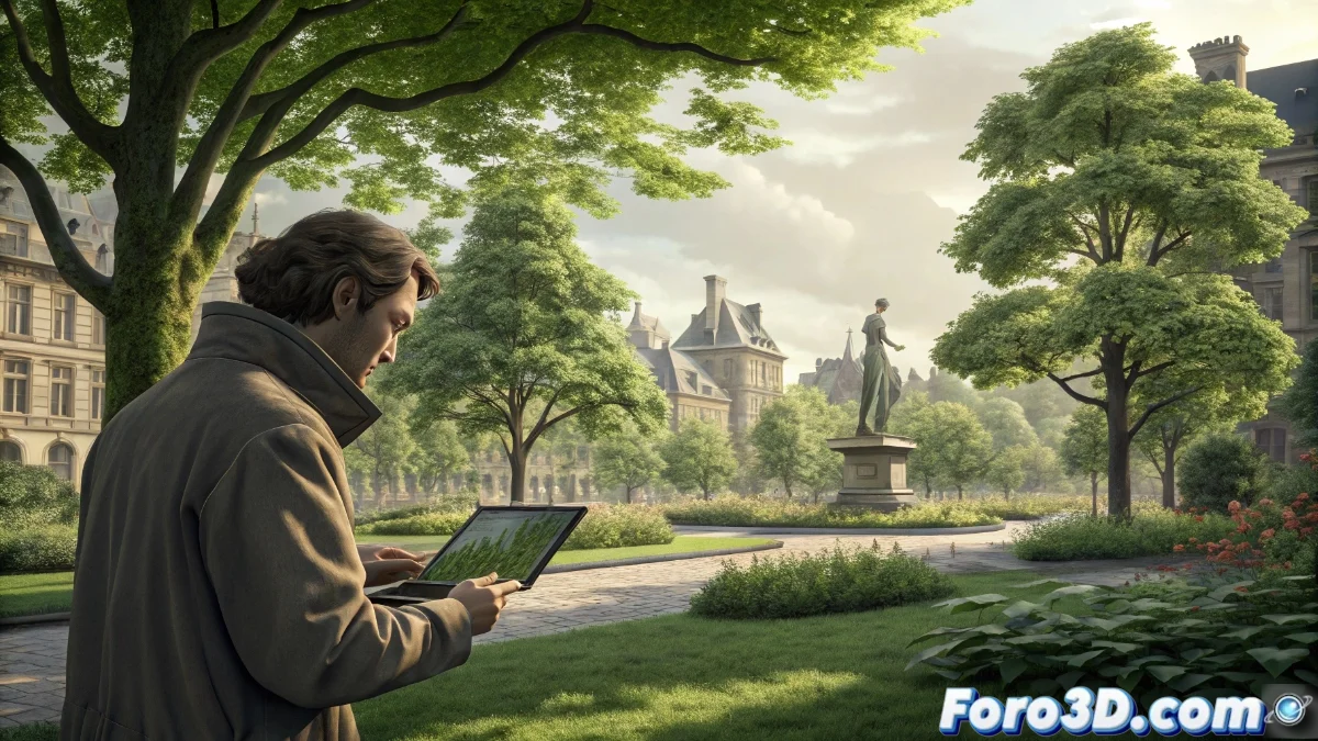 Artista digital observando un bosque mientras toma notas en su tableta gráfica, con elementos naturales y urbanos fusionándose en el fondo